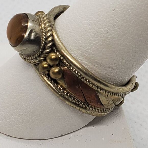 Brutalist Gold Tone & Bronze Tone Tigereye Ring - Picture 3 of 6